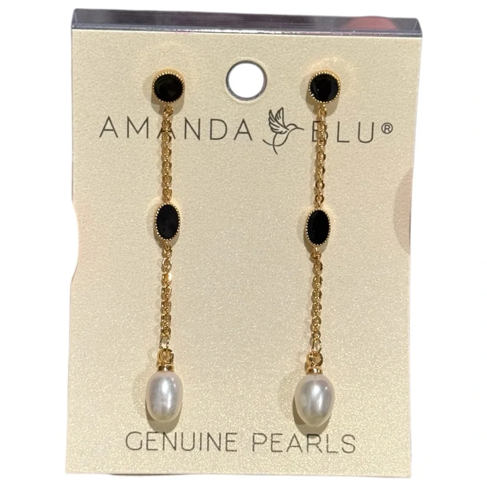 AMANDA BLU Genuine Pearl Black Enameled Gold Long Drop Down Stud Earrings NEW - Picture 1 of 3